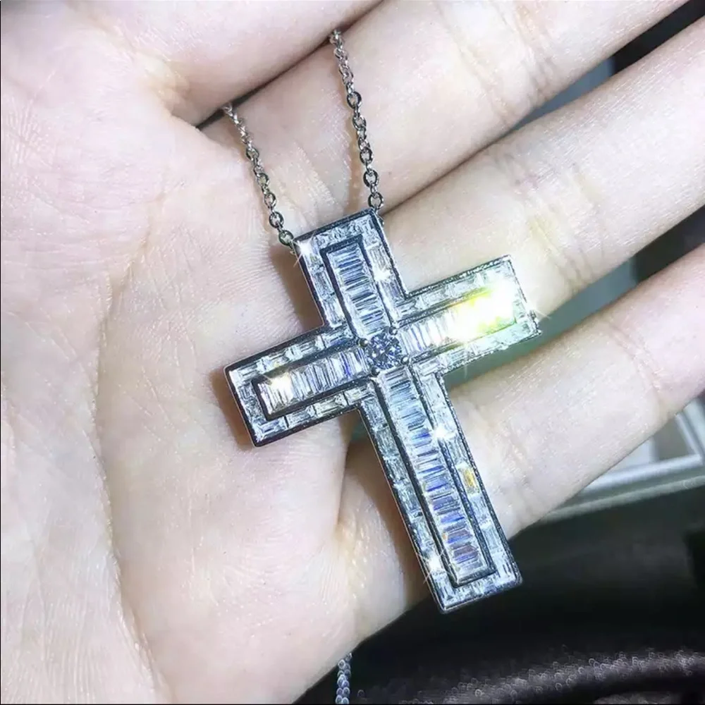 New Men Women 925 Silver Cross Diamond Necklace - Picture 2 of 10
